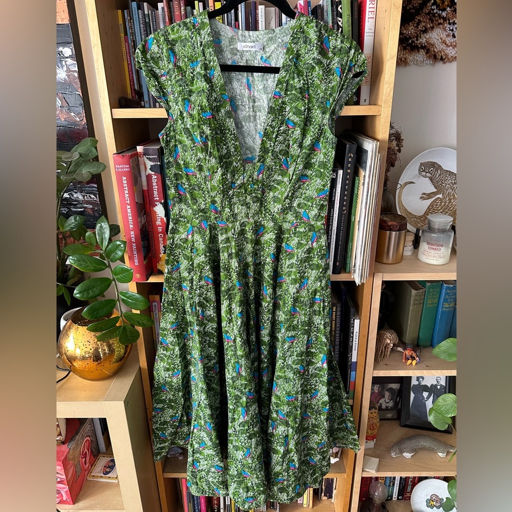 EShakti Greeb Cotton Flora and Bird midi dress